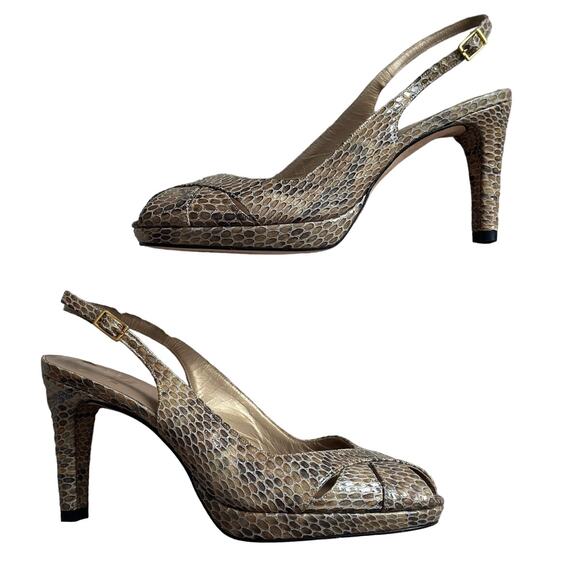 Stuart Weitzman Sz 7 Peeptoe Mushroom Crystal Slingback Snakeskin Pumps Heels - Picture 1 of 9